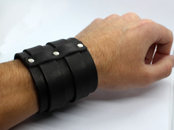 Double black leather wrist wide bracelet clearance