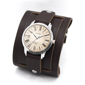 Just Vintage  - simple vintage style wristwatch with wide brown handmade cuff watch strap double buckled