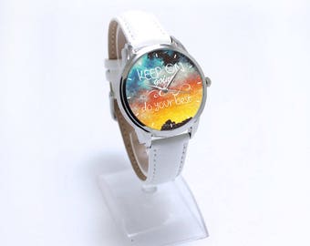 Keep Going - Inspirational Quote Wristwatch: Colorful Dial, White Leather Band