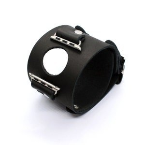 Handmade leather wide Apple cuff watch strap double buckled 38mm 40mm 42mm 44mm series, iWatch leather black brown bracelet, gift idea