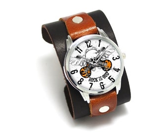Pride&Bright Rock Star - wrist watch two color wide soft leather cuff band  | Skull and guitar music watch for gift