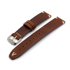 Modelo 02 - pulseira de relógio feita à mão em couro marrom 20mm 22 mm com costura bege, presente para homem ou amigo, pulseira curva de relógio crazy horse