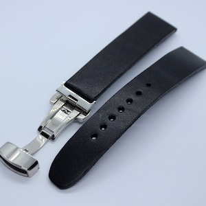Nordic D - minimalist black glossy leather watch band 18mm 20mm 22mm deployment clasp | Men gift urban style watch strap no notch unstitched