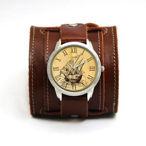 Old Ship- Vintage Ship Watch: Handmade Wide Leather Cuff Double Buckled, Japan Movement