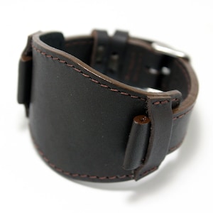 Model F brown wide cuff watch strap 20mm 22mm with big pad for men watch | Gift for him watch band military style brown or black color