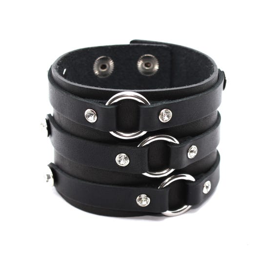 Princino - Wide Black Leather Cuff Bracelet for Woman : Rhinestone