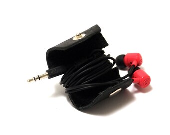 Black Leather Headphone Cable Organizer: Travel Accessories