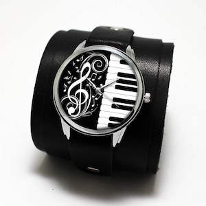 Piano Keys Watch: Handmade Black Leather Cuff Bracelet, Music Lover Gift