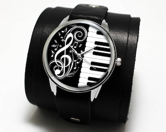 Klaviertasten Uhr: Handgefertigtes schwarzes Lederarmband, Musikliebhaber Geschenk