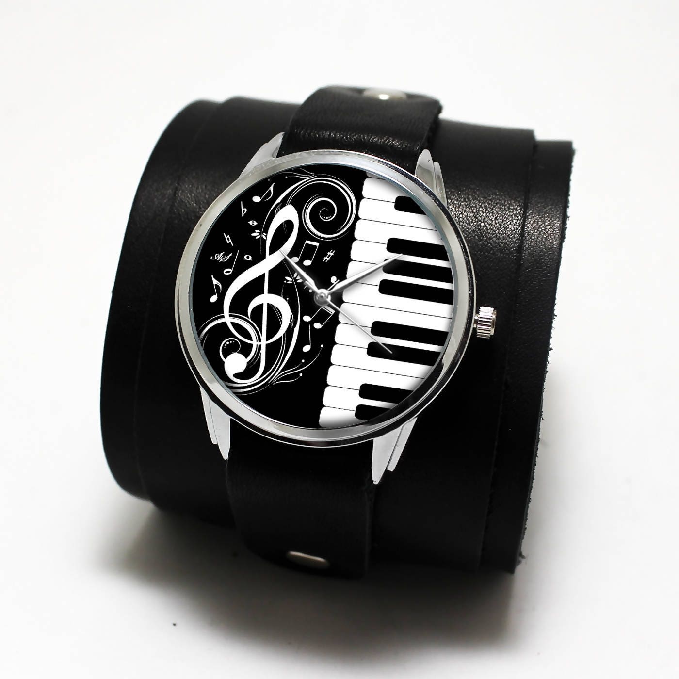 Piano Keys Watch: Handmade Black Leather Cuff Bracelet  display picture 2
