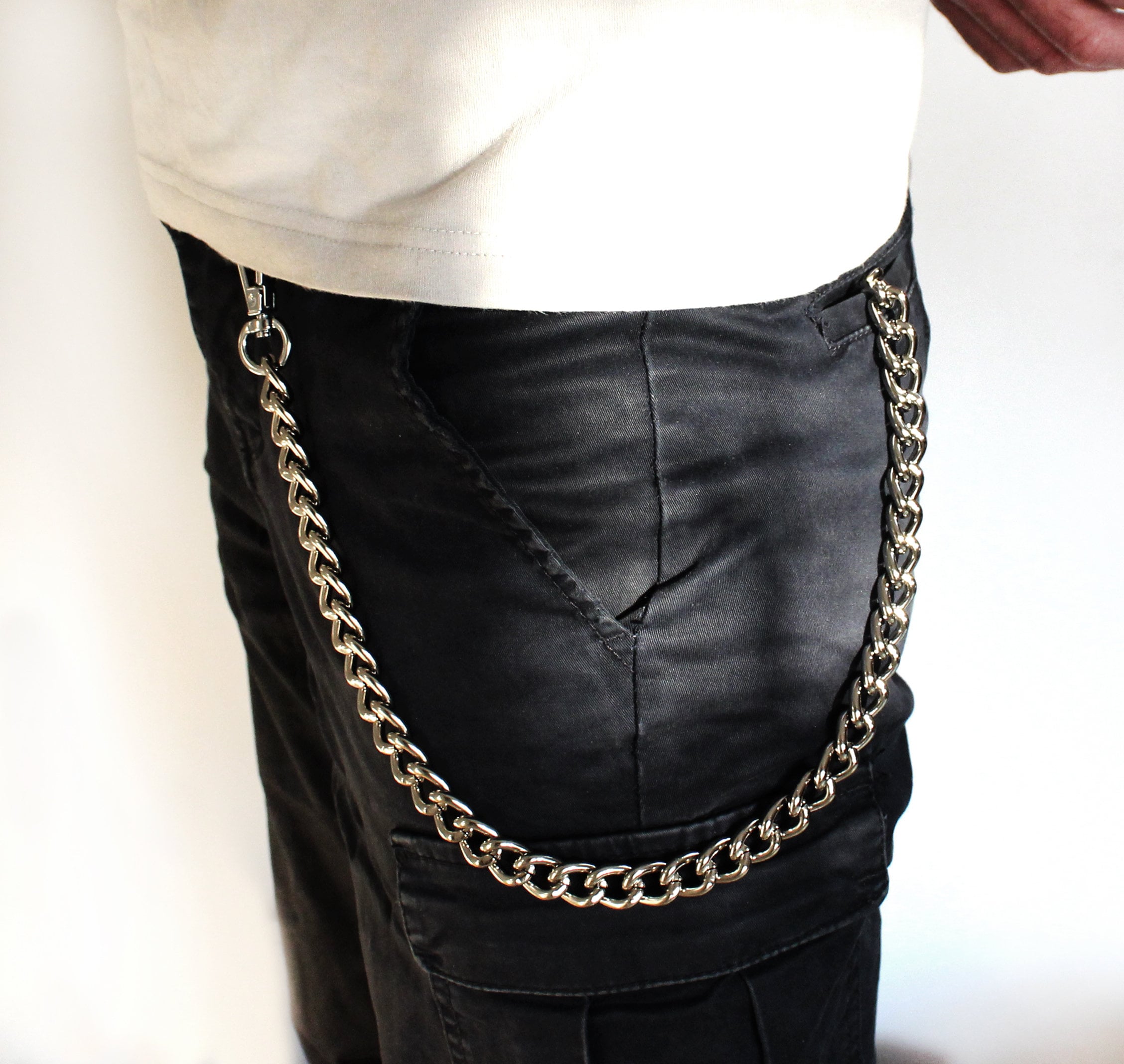 PrideAndBright Silver Color Extra Solid Pants Chain for Jeans and Trousers with Spring Hook and Key Ring D35 | Jeans Chain for Wallet | Big Chain Links