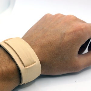 Tork - Beige Leather Cuff Bracelet: Slim Wide Wristband, Adjustable