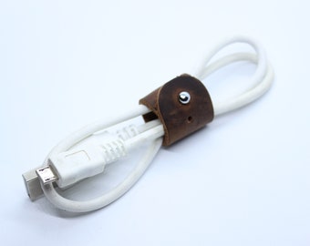 Vintage look leather cable tidy tobacco color bulk price 3 pcs or 5 pcs | Working space organization | Travel accessories