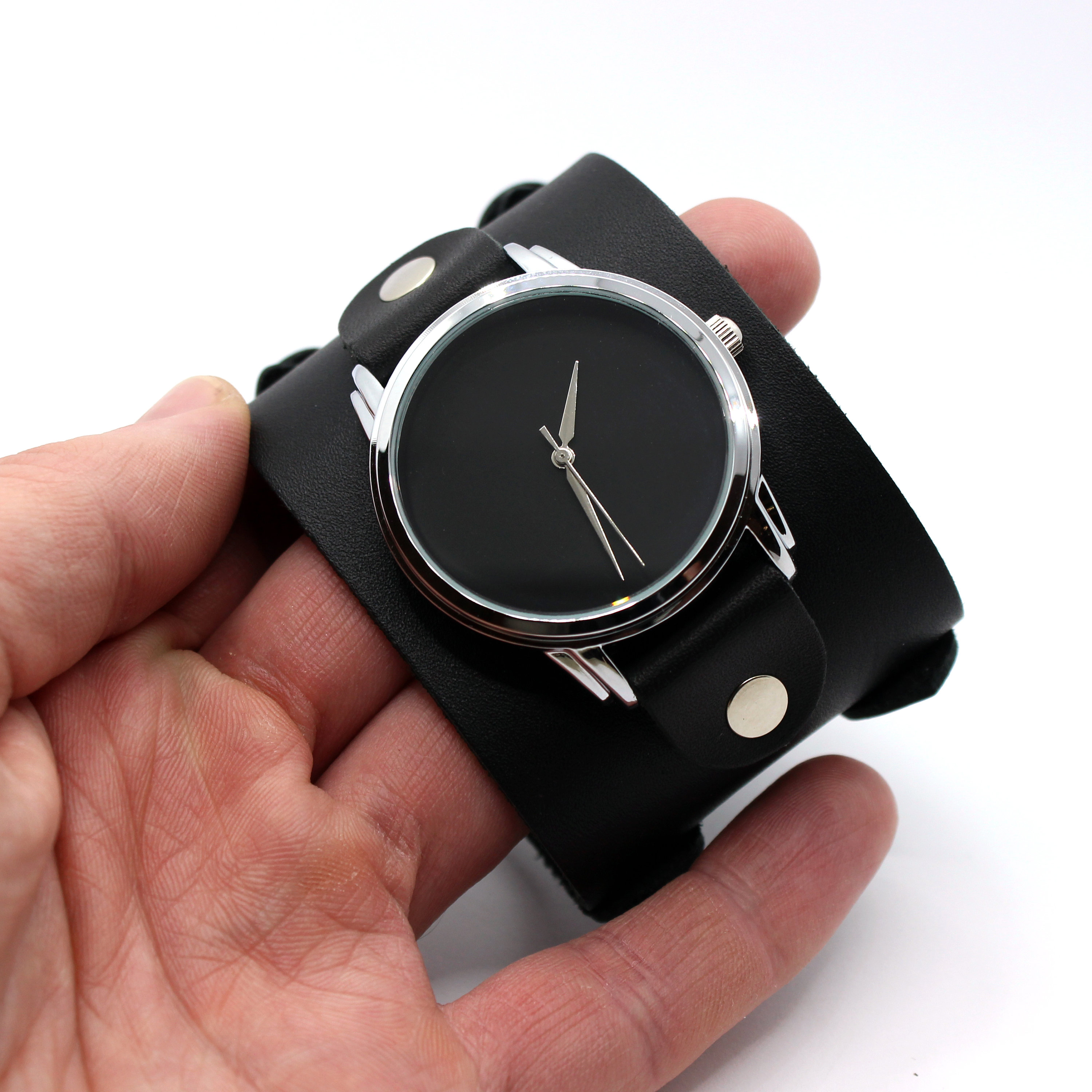 Pride&Bright Matte black wide leather band cuff watches minimalist style double buckled | Handmade wrist cuff black dial watch for gift