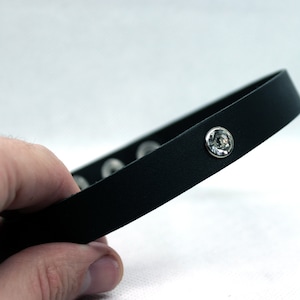 Peut inclure: Un collier ras de cou en cuir noir avec un seul strass transparent.