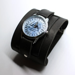 Eye of providence masonic wide cuff strap wrist watches double buckle bracelet of leather | Mystic theme art watches quartz movt japan