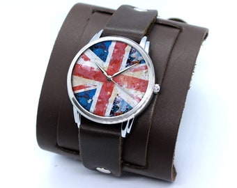 UK country flag handmade wide leather cuff quartz wrist watches double buckled design retro style | Aquarelle print British colors watches