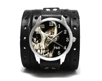 Montre Pride&Bright Skull - montres unisexes faites à la main large bracelet manchette en cuir de veau avec trous et fentes couleur noir mat