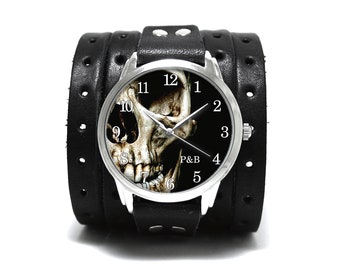 Montre Pride&Bright Skull - montres unisexes faites à la main large bracelet manchette en cuir de veau avec trous et fentes couleur noir mat