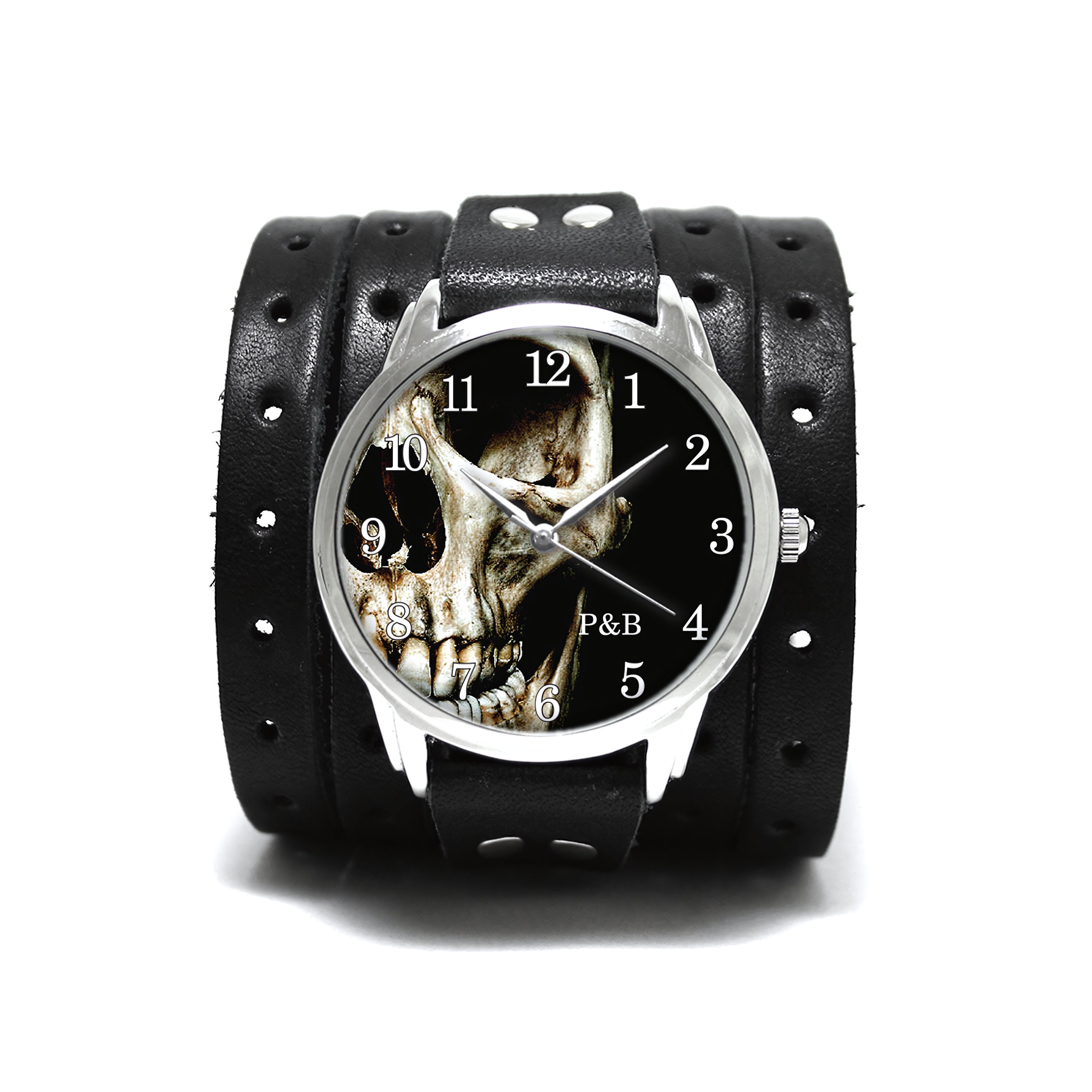 Pride&Bright Handmade Skull Watch: Unisex Black Leather Cuff Bracelet