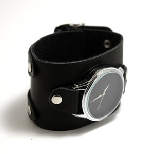 Minimalist style wide leather quartz watches of Depp style with black void dial. Handmade double buckled watch strap