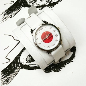 Pride&Bright Kanji dial watches white leather double cuff band | Japan Kanji digits and Fuji mountain silhouette watches handmade