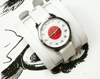 Pride&Bright Kanji Dial Watch: Handmade Double Buckled Leather Cuff, Japan Flag