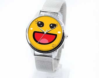 Smiley Face Watch: Stainless Steel Band, Bright Funny Face, Mood Booster Gift
