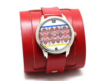 Ukraine national embroidery  watches with red wide leather cuff double buckled | Ukrainian pattern Vyshyvanka women wrist watches