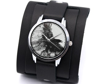 Dark Raven Watch: Handmade Black Leather Cuff Bracelet Double Buckled, Japan Quartz