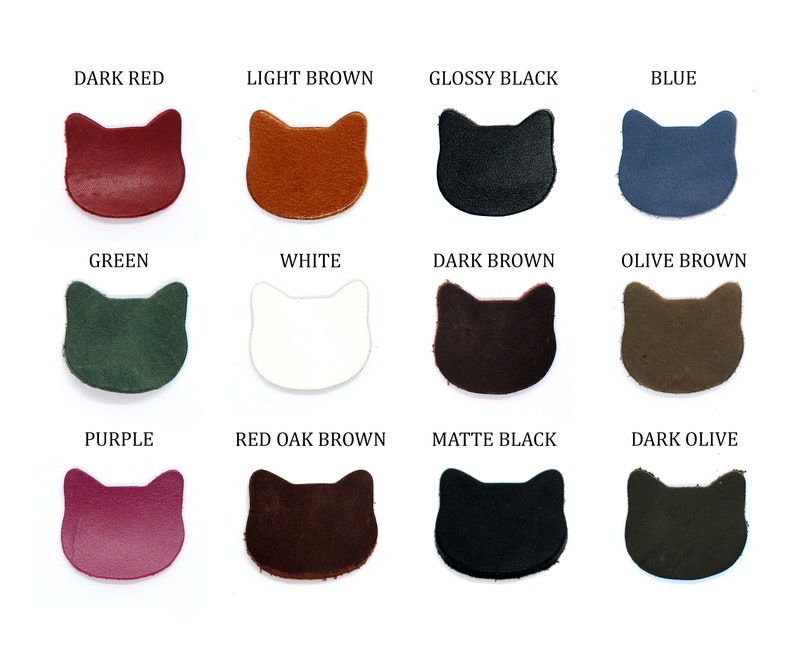 May include: Twelve leather cat-shaped patches in various colors, including dark red, light brown, glossy black, blue, green, white, dark brown, olive brown, purple, red oak brown, matte black, and dark olive.