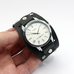 Insomnia - vintage style wide handmade black cuff leather wristwatches, roman numerals victorian style watches for gift, leather jewelry