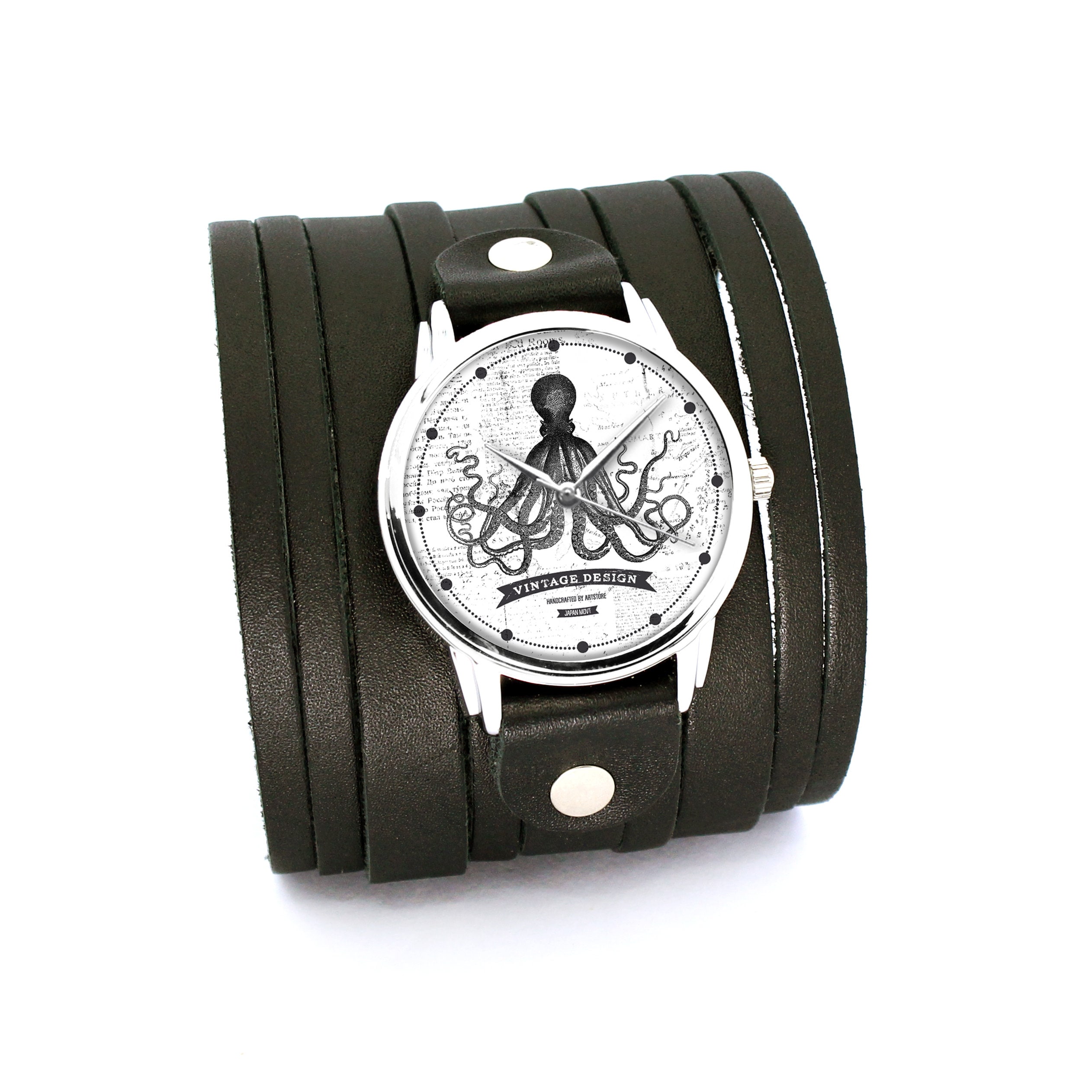 Black Leather Snap Cuff Watch Strap with White Accent small adapters Watch Strap Adapter - Etsy main image 2