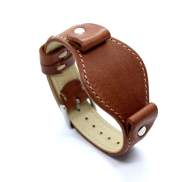 Cobra S one-piece watch strap 14mm 16mm 18mm lugs calfskin leather tobacco color white stitching | Custom size for small watches