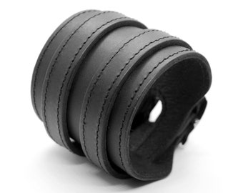 Thunder ST - Handmade Wide Stitched Leather Masculine Cuff Bracelet: Double Buckle Wristband