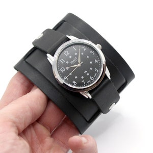 Casual Dafrant leather cuff watches with wide black leather bracelet double stripes adjustable | Black & Grey dial type with arabian digits