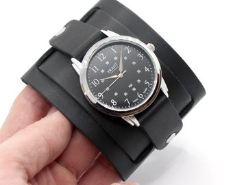 Relojes casuales Dafrant con brazalete de cuero y pulsera ancha de cuero negro con rayas dobles ajustables / Esfera negra y gris con dígitos árabes
