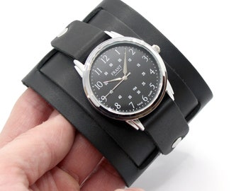 Dafrant - Handmade Black Leather Cuff Watch: Military Style and Double Buckled