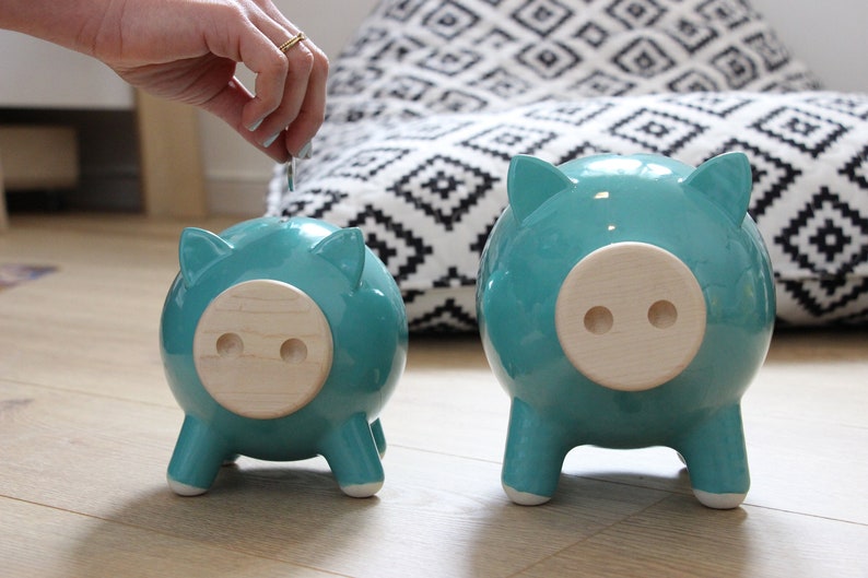 Mini PIGZ, Baby Saving Box, Kids Piggy Bank, Money Bank, Piggy Bank for Boys, Newborn Gift, Christmas Kids Gift, Turquoise Nursery Decor image 2