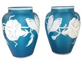 Antique Prussian Blue Two Layer Cameo Glass Vase Set Morning Glory 1800s Victorian Stourbridge Art Glass Thomas Webb Stevens Williams
