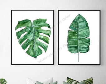 Palm Leaf Print Watercolour Painting Set of 2 Green Botanical Tropical Art, Banana Tree Palm Leaf Monstera Leaf, Minimalist Art Print.