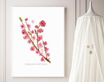 Cherry Blossom Painting, Mother's Day Home Decor, Watercolor Flower Wall Art, Watercolor Wall Poster, Spring Flowers, Housewarming  Gift.