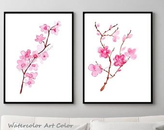 Cherry Blossom Flowers Set of 2 Art Prints Watercolor Painting Flowers, Living Room Decor Watercolor Floral  Printables Poster Wall Art