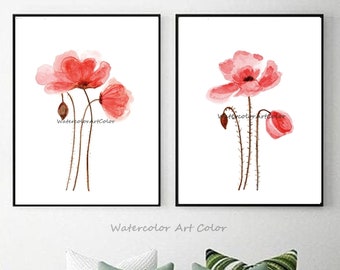 Poppy Watercolor Painting Set of 2 Print Wall Art, Flower Watercolor, Floral Watercolor Print Set of 2, Printable Wall Art, Red Poppies Art.