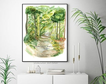 Large Illustration Poster, Watercolor Painting Green Art Forest, Nature Poster Green Leaves, Landscapes Home Decor, Wall Decor Wall Hanging.