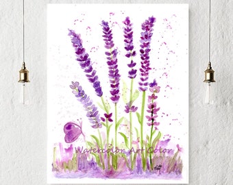 Watercolor Flower, Lavender Poster, Purple Lavender Watercolor Painting, Botanical Print Poster, Flora Wall Decoration Watercolour Lavender.