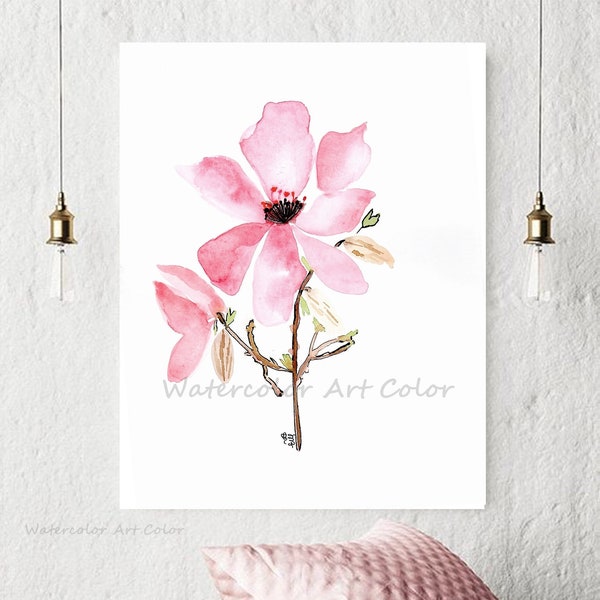 Cherry Blossom Wall Art Watercolor Painting Flower, Pink Art Nursery Decor, Floral Decor Printables Pink Art Poster, Wall Art, Giclee Print.