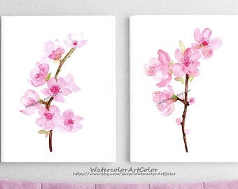 Cherry Blossom Watercolor Flowers Painting Set of 2, Cherry Blossom Art Print, Cherry Blossom Painting, Japan Decor, Sakura Cherry Painting.