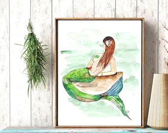 Mermaid Watercolor Print, Home Decor Wall Art, Mermaid Painting Watercolor Art Print, Watercolor Giclee print, Illustration Poster Art Decor