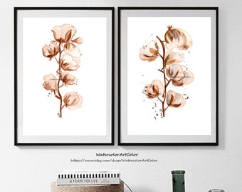 Cotton bolls Floral Painting Set of 2 Natural Giclee art print White Home Decor Natural Cotton Art, Mother's day gifts, Floral Art for Gift